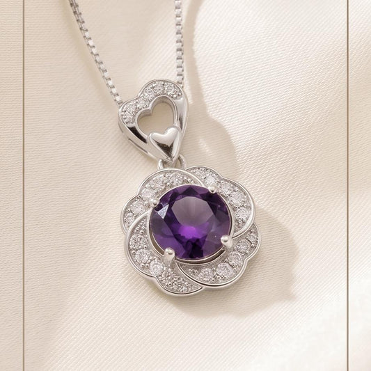 Natural Amethyst Necklace Pendant, February Birthstone 18K Gold Plated Sterling Silver Floral Design, rose flower jewelry #417