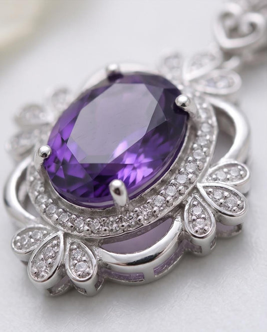 Natural Amethyst Necklace Sterling Silver - Gemstone Flower Of Life , Genuine Purple Gemstone 18KGP February Birthstone #540
