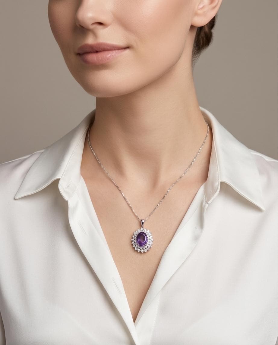 Large Genuine Amethyst Necklace - Sterling Silver Two Layer Cubic Zirconia - February Birthstone - Halo 3 CT Natural Amethyst Pendant 1116