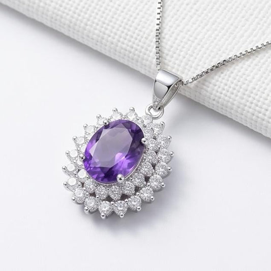Large Genuine Amethyst Necklace - Sterling Silver Two Layer Cubic Zirconia - February Birthstone - Halo 3 CT Natural Amethyst Pendant 1116