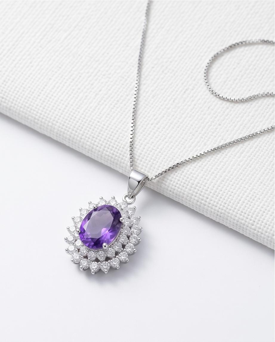 Large Genuine Amethyst Necklace - Sterling Silver Two Layer Cubic Zirconia - February Birthstone - Halo 3 CT Natural Amethyst Pendant 1116