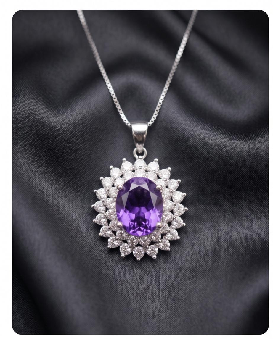 Large Genuine Amethyst Necklace - Sterling Silver Two Layer Cubic Zirconia - February Birthstone - Halo 3 CT Natural Amethyst Pendant 1116
