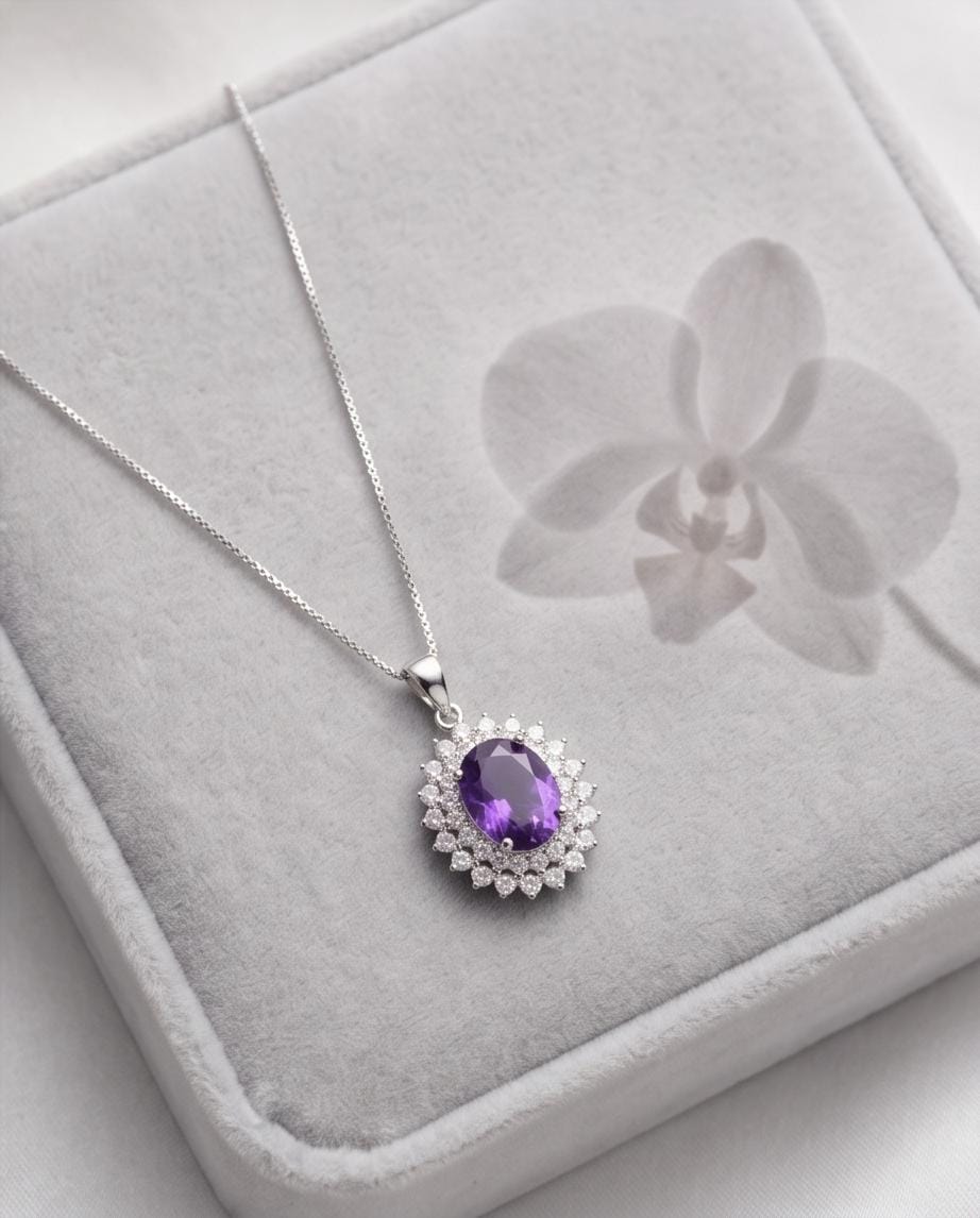 Large Genuine Amethyst Necklace - Sterling Silver Two Layer Cubic Zirconia - February Birthstone - Halo 3 CT Natural Amethyst Pendant 1116