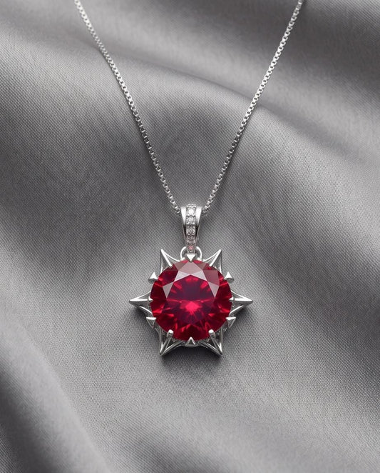 8mm Ruby Necklace - 18kgp @ Sterling Silver - 2.2 CT Red Ruby Pendant - Tiny Dainty July Birthstone 096