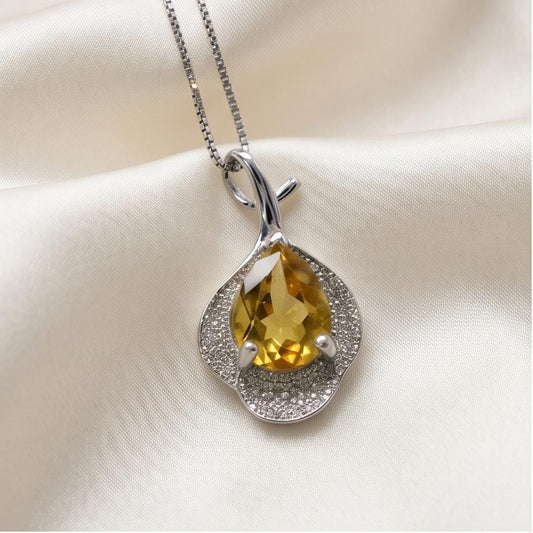Genuine Citrine necklace - Sterling Silver Leaf Pendant - 18kgp - Teardrop Pear Cut Natural Citrine Pendant Jewelry - Simple Style #482