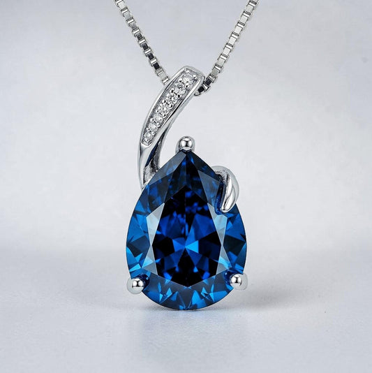 Teardrop Blue Sapphire Necklace - Solitaire Pear Cut 3.5CT - 18KGP @ Sterling Silver - Simple Large Blue Sapphire Pendant #687