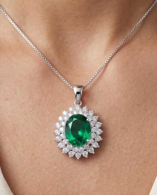 Double Halo Gemstone Emerald Necklace - White Gold Sterling Silver Halo Solitaire 3 Ct Emerald Pendant - Oval Cut May Birthstone #628