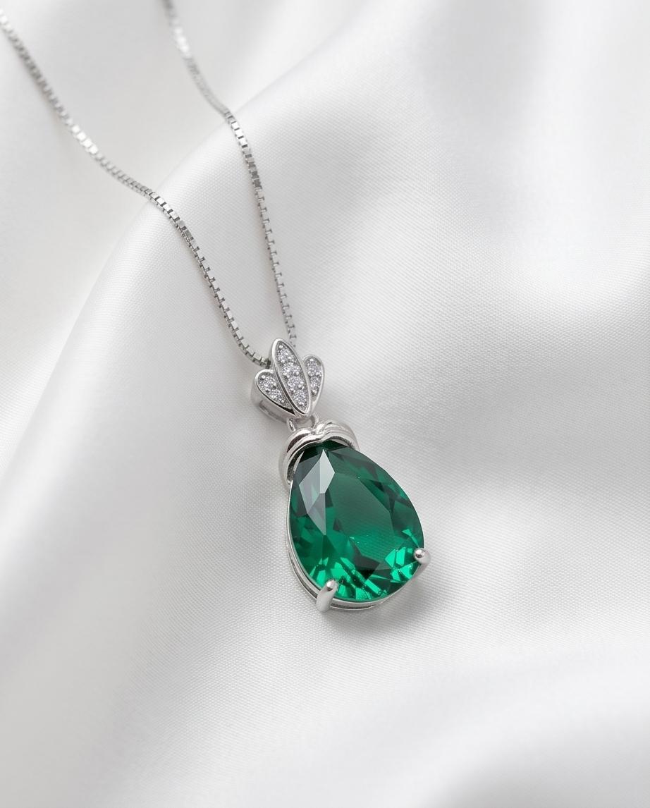 Large Teardrop Emerald Necklace Sterling Silver Gemstone Crown Pear Cut Lab Created Green Gemstone Emerald Pendant Jewelry 6.5 CT #636