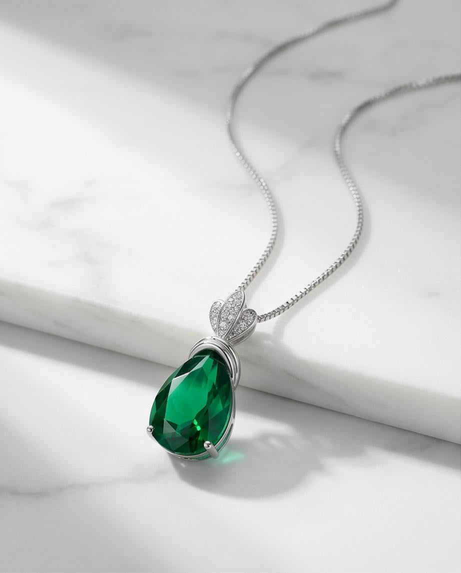 Large Teardrop Emerald Necklace Sterling Silver Gemstone Crown Pear Cut Lab Created Green Gemstone Emerald Pendant Jewelry 6.5 CT #636