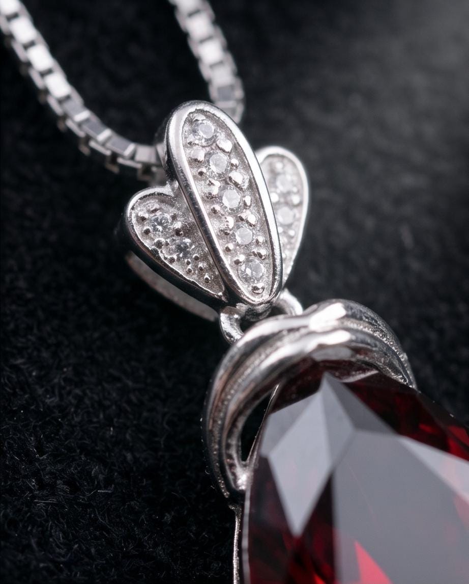 Large Teardrop Garnet Necklace - Sterling Silver Gemstone Royal Pear Lab Created Deep Orange Red Garnet Pendant Jewelry 6.5 CT #667