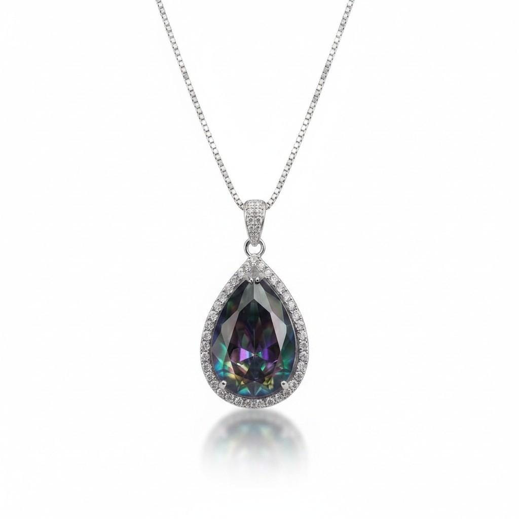 Large Teardrop Mystic Topaz Necklace 5 CT Gemstone Halo Pear Rainbow Topaz Pendant Sterling Silver White Gold Plated Solitaire #564