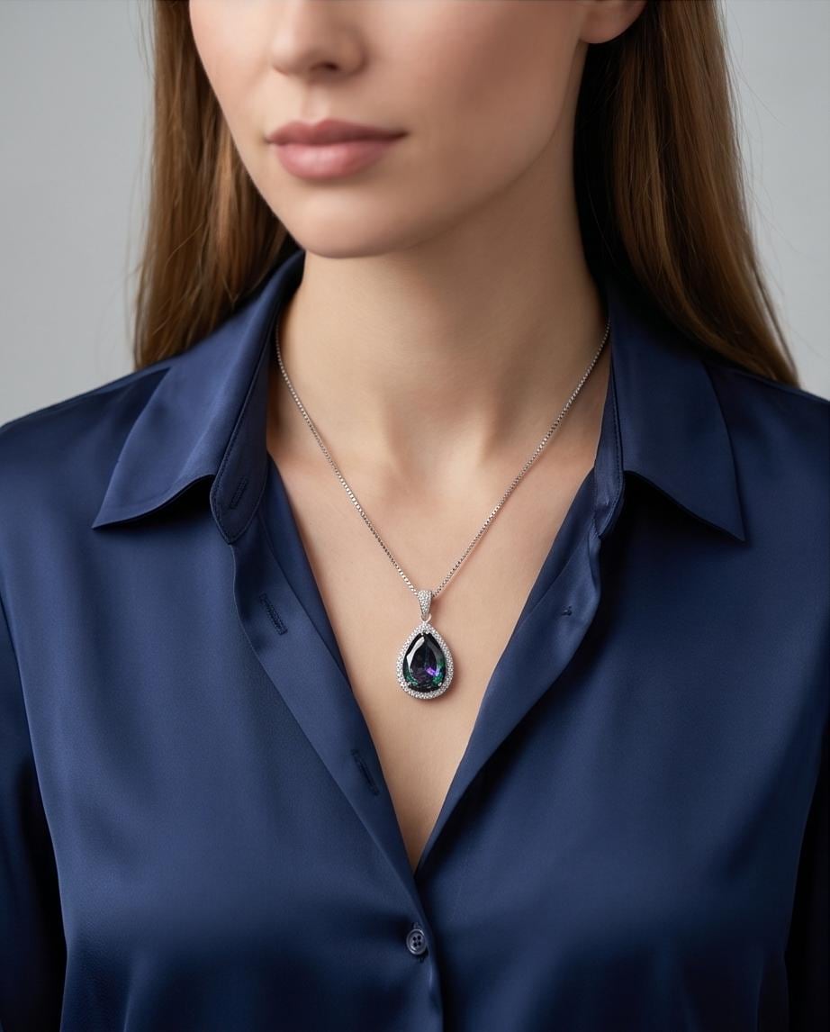 Large Teardrop Mystic Topaz Necklace 5 CT Gemstone Halo Pear Rainbow Topaz Pendant Sterling Silver White Gold Plated Solitaire #564
