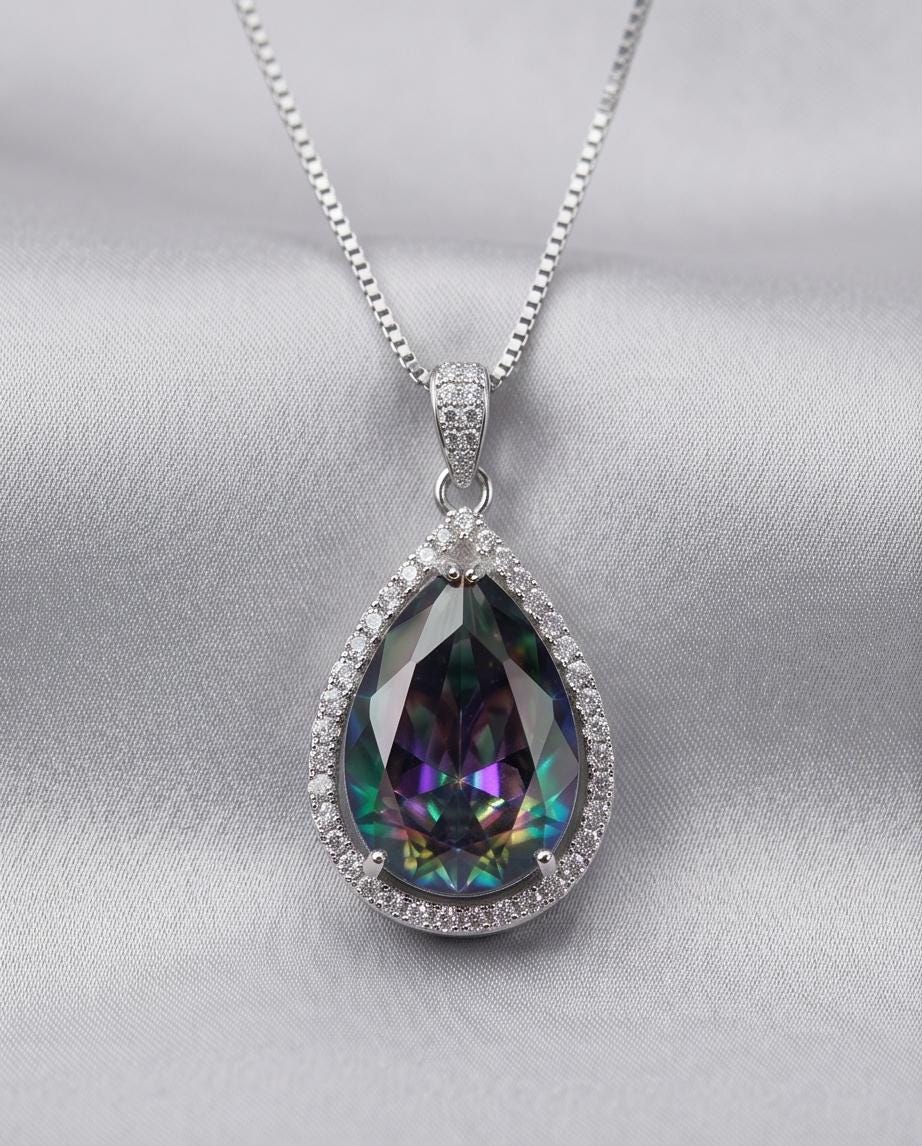 Large Teardrop Mystic Topaz Necklace 5 CT Gemstone Halo Pear Rainbow Topaz Pendant Sterling Silver White Gold Plated Solitaire #564
