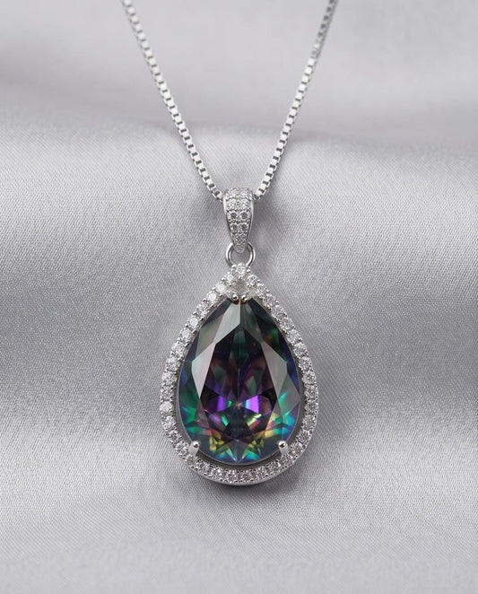 Large Teardrop Mystic Topaz Necklace 5 CT Gemstone Halo Pear Rainbow Topaz Pendant Sterling Silver White Gold Plated Solitaire #564