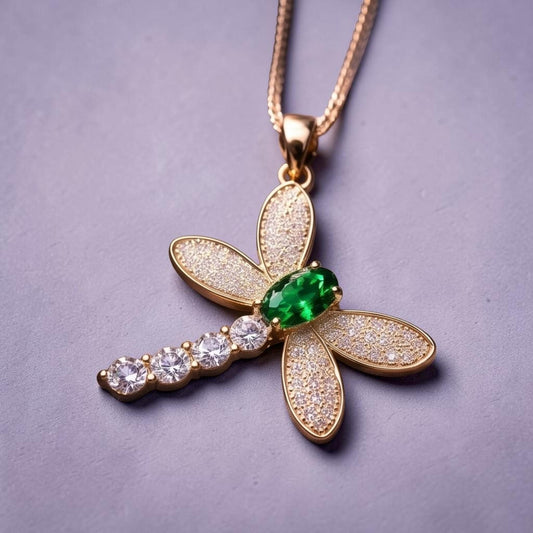Dragonfly Necklace - Emerald Necklace - Rose Gold Coated 925 Sterling Silver #333
