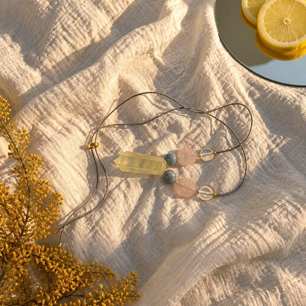Citrine Point Necklace, Raw Gemstone Jewelry, Aquamarine and Rose Quartz Beaded Necklace, Chunky Crystal Healing Pendant, Boho Leather