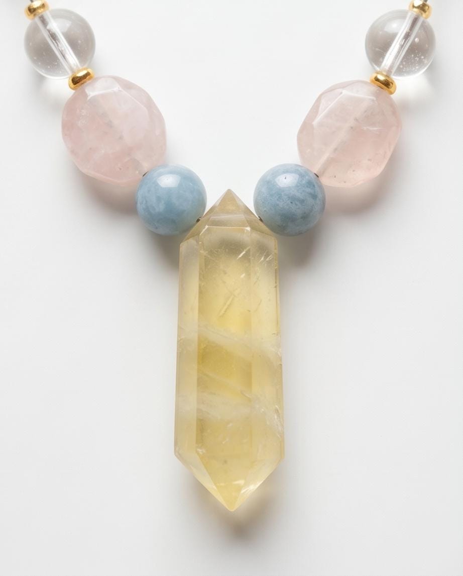 Citrine Point Necklace, Raw Gemstone Jewelry, Aquamarine and Rose Quartz Beaded Necklace, Crystal Healing Pendant, Boho Leather Choker