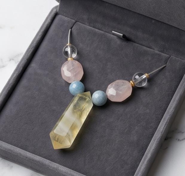 Citrine Point Necklace, Raw Gemstone Jewelry, Aquamarine and Rose Quartz Beaded Necklace, Crystal Healing Pendant, Boho Leather Choker