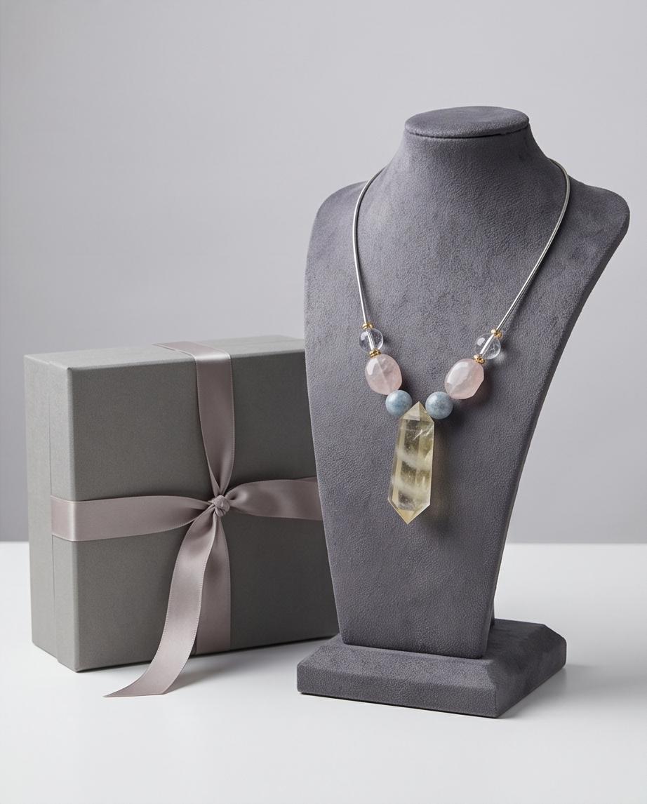 Citrine Point Necklace, Raw Gemstone Jewelry, Aquamarine and Rose Quartz Beaded Necklace, Crystal Healing Pendant, Boho Leather Choker