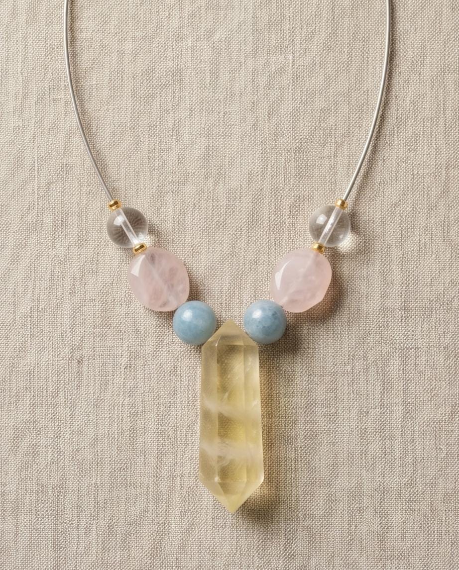 Citrine Point Necklace, Raw Gemstone Jewelry, Aquamarine and Rose Quartz Beaded Necklace, Crystal Healing Pendant, Boho Leather Choker