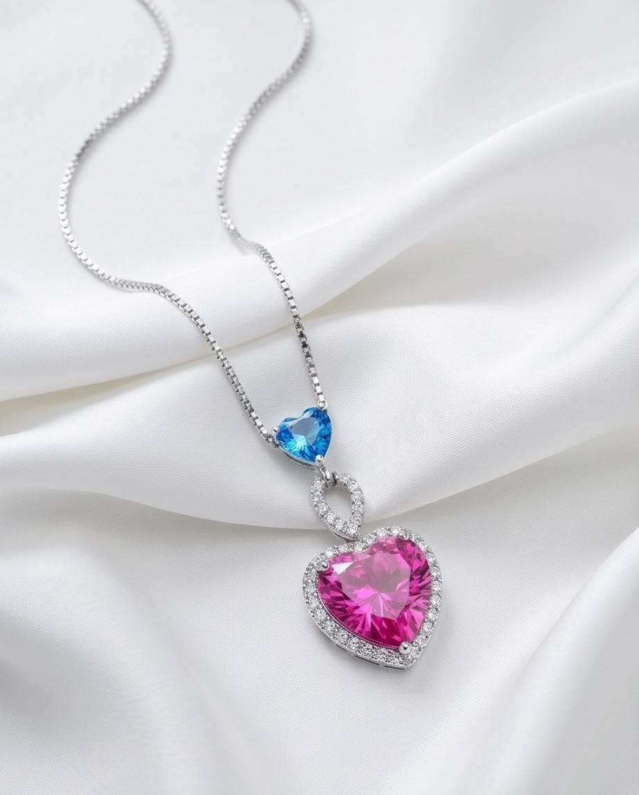 Pink Sapphire Double Heart Necklace - 18kgp @ sterling Silver Pink Fuchsia Sapphire Jewelry Pendant White gold coated #659