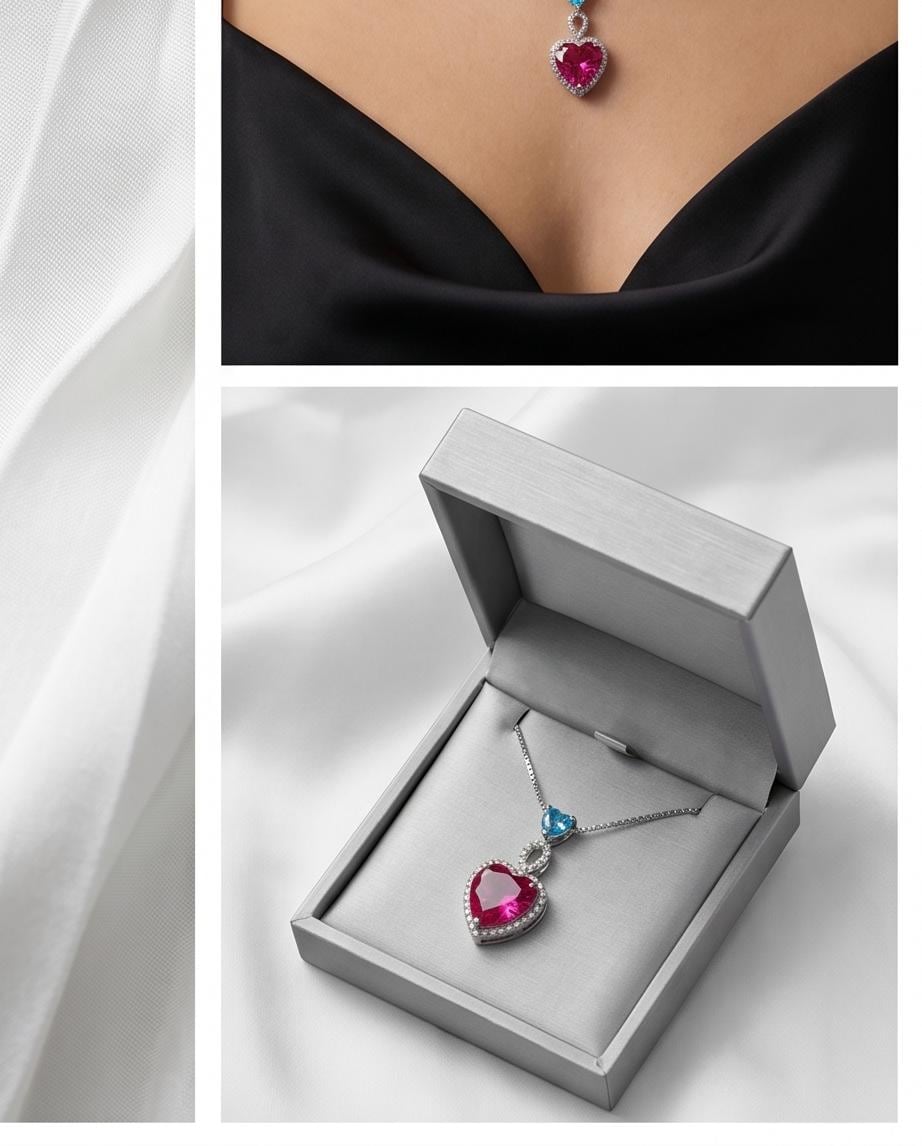 Pink Sapphire Double Heart Necklace - 18kgp @ sterling Silver Pink Fuchsia Sapphire Jewelry Pendant White gold coated #659