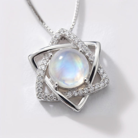 Natural rainbow moonstone necklace sterling silver David star June Birthstone Necklace