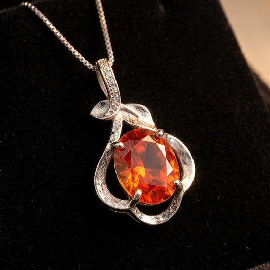 Sterling Silver Sunstone Necklace - 18kgp @ Sterling Silver - 1.8 CT Orange Tangerine Spessartite Garnet Pendant #154