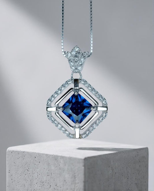 Square Blue Sapphire Necklace - White Gold plated Sterling Silver - 1 CT Blue Sapphire Pendant - Dainty Double Halo Tiny Crown Flower #392
