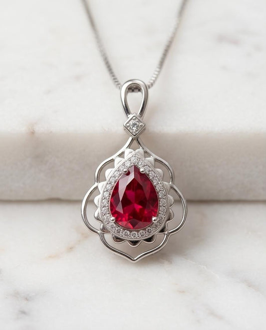 Large Ruby Necklace - Sterling Silver Teardrop Solitaire Gemstone Flower Petal Pear Ruby Pendant - Flower Feather Style #715