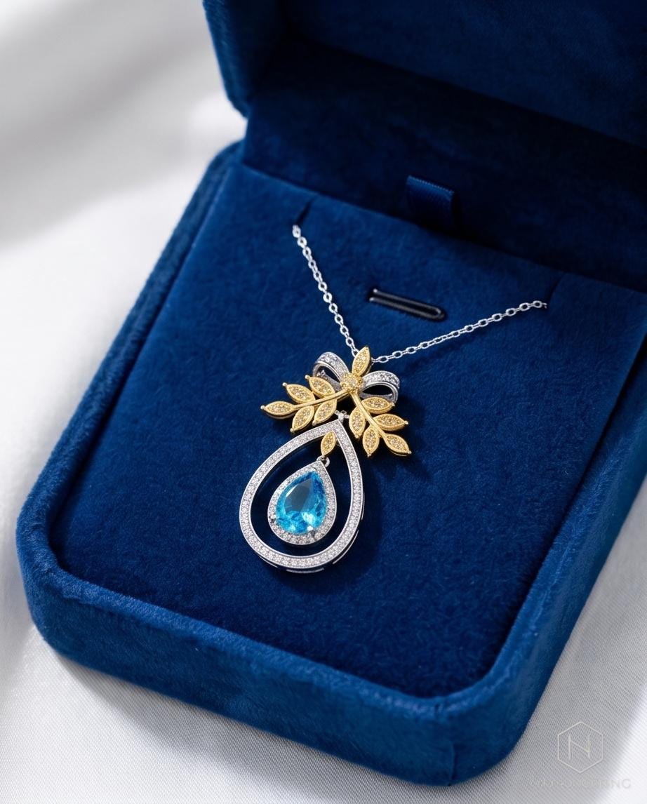 Teardrop Swiss Blue Topaz Necklace The Tree Of Life Pendant 18KGP @ Sterling Silver Olive branch 2.5 Ct Pear Cut Blue Topaz Jewelry #851