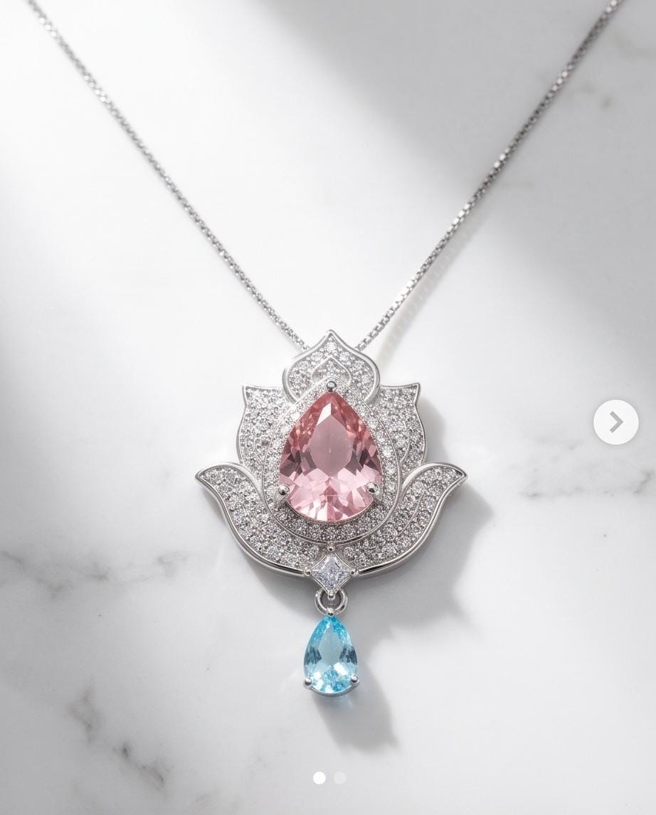 Pink Morganite Necklace Gemstone Lotus Flower Pendant Full Sterling Silver White Gold coated Teardrop Halo Large Pink Gemstone 3 CT #920