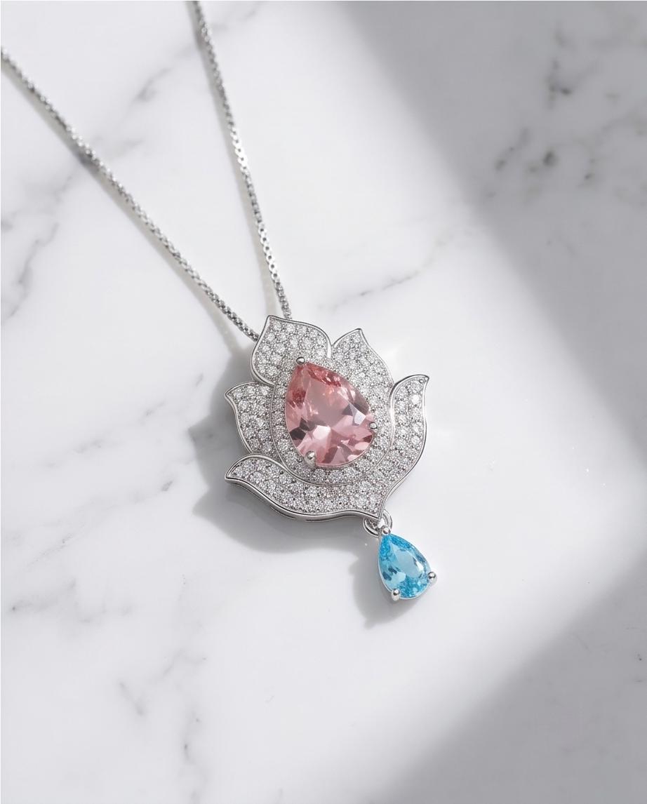 Pink Morganite Necklace Gemstone Lotus Flower Pendant Full Sterling Silver White Gold coated Teardrop Halo Large Pink Gemstone 3 CT #920