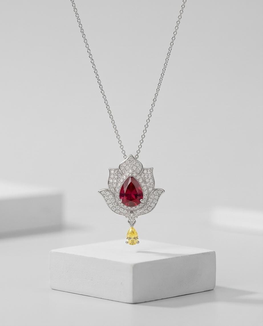 Ruby Necklace - Gemstone Lotus Flower Pendant - 18kGP @ Sterling Silver -Teardrop Halo Ruby Pendant #922