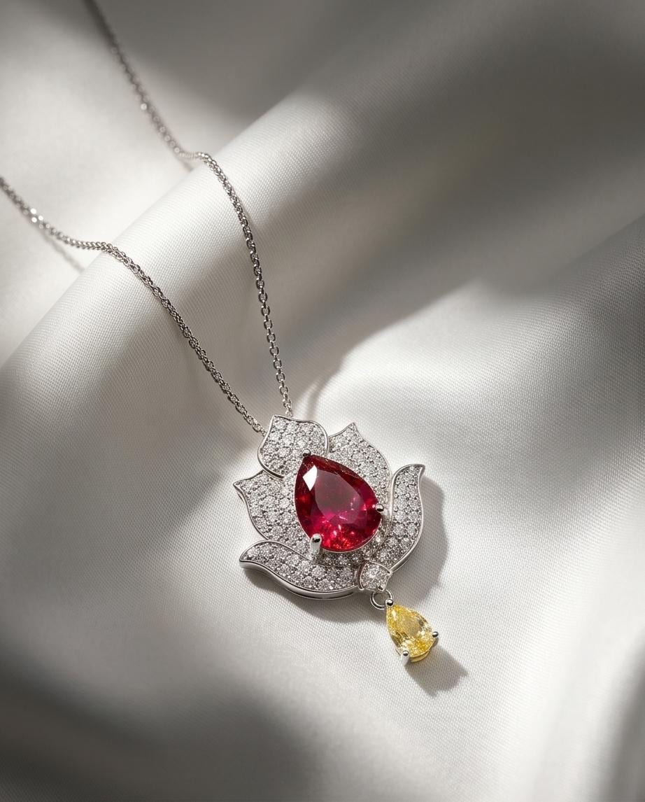 Ruby Necklace - Gemstone Lotus Flower Pendant - 18kGP @ Sterling Silver -Teardrop Halo Ruby Pendant #922