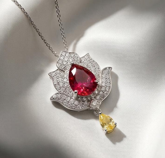 Ruby Necklace - Gemstone Lotus Flower Pendant - 18kGP @ Sterling Silver -Teardrop Halo Ruby Pendant #922