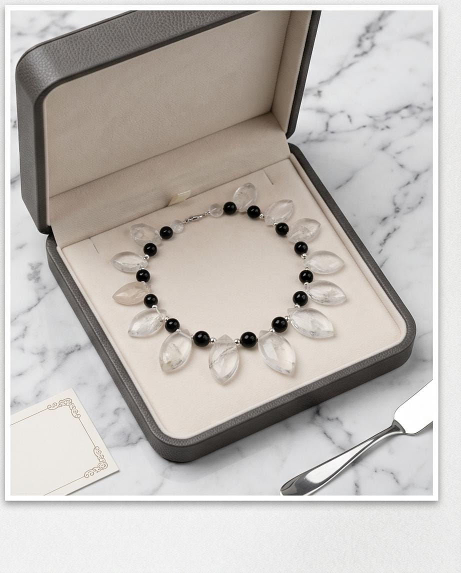 Clear Quartz Necklace, Statement Gemstone Jewelry, Natural Stone Choker, Black and White Beaded Necklace, Elegant Chunky Crystal Gift