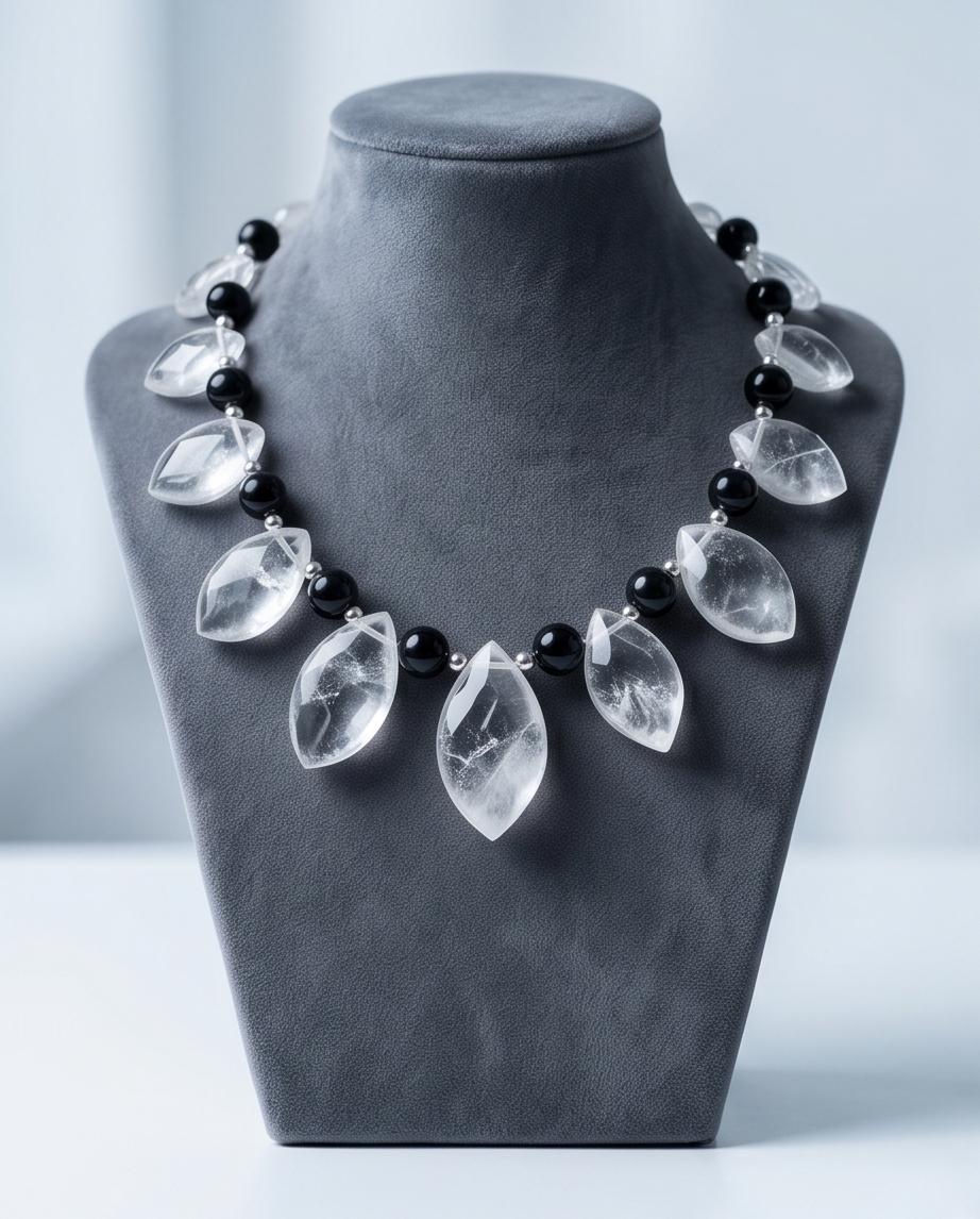 Clear Quartz Necklace, Statement Gemstone Jewelry, Natural Stone Choker, Black and White Beaded Necklace, Elegant Chunky Crystal Gift