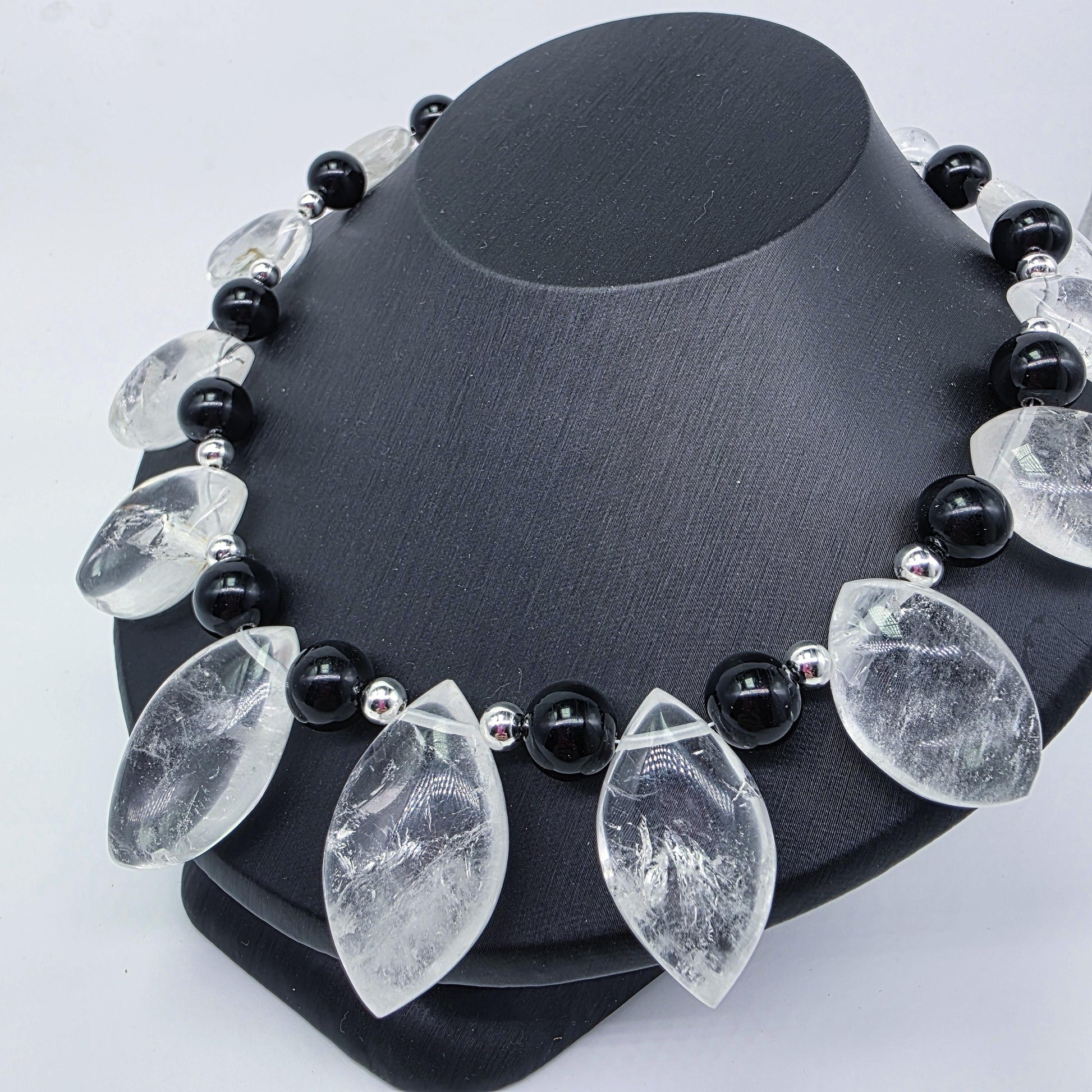 Clear Quartz Necklace, Statement Gemstone Jewelry, Natural Stone Choker, Black and White Beaded Necklace, Elegant Crystal Gift 18 inches.