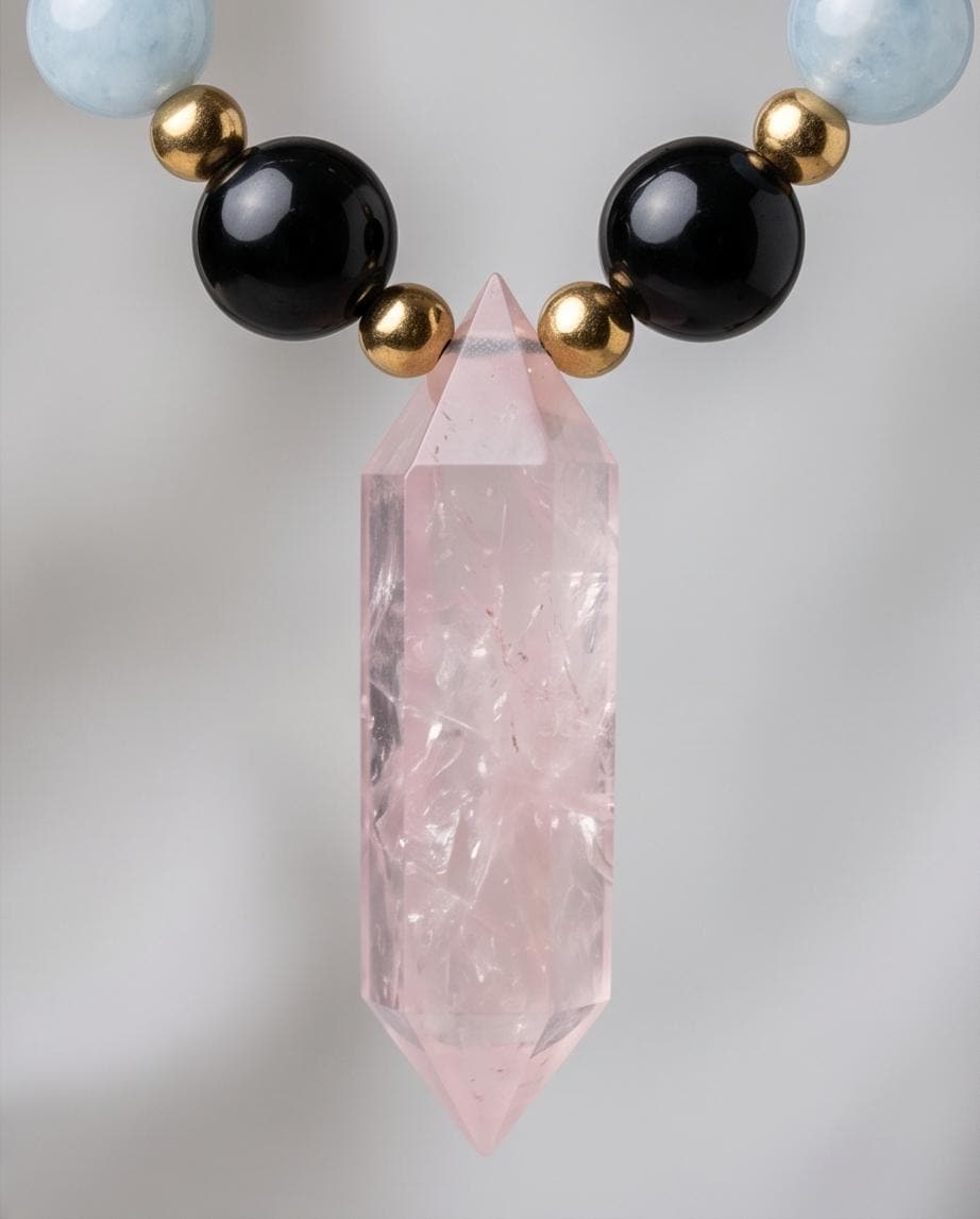Rose Quartz Point Necklace, Obsidian Aquamarine and Clear Quartz Jewelry, Healing Crystal Pendant, Boho Gemstone Choker, Chunky Stone Gift