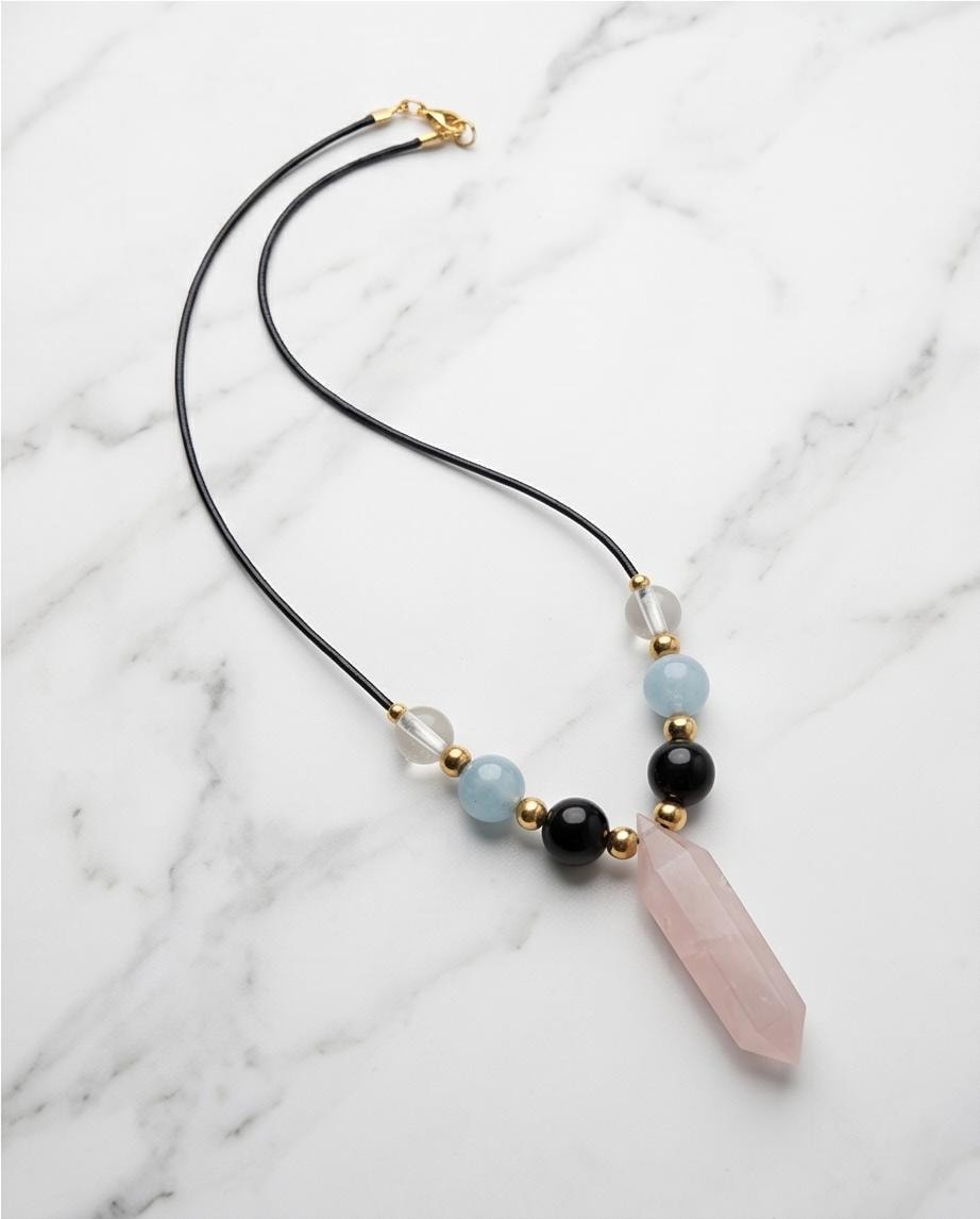 Rose Quartz Point Necklace, Obsidian Aquamarine and Clear Quartz Jewelry, Healing Crystal Pendant, Boho Gemstone Choker, Chunky Stone Gift