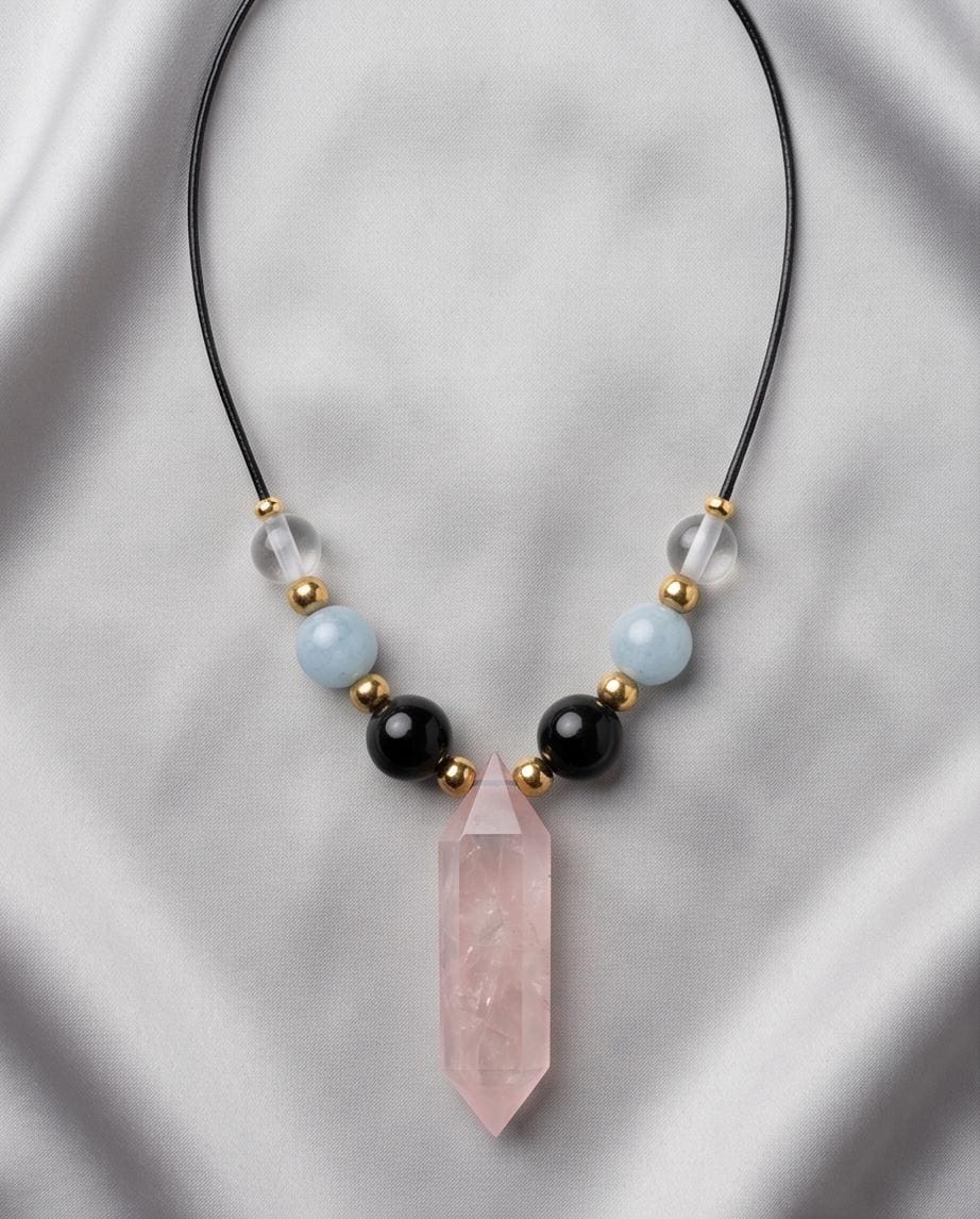 Rose Quartz Point Necklace, Obsidian Aquamarine and Clear Quartz Jewelry, Healing Crystal Pendant, Boho Gemstone Choker, Chunky Stone Gift