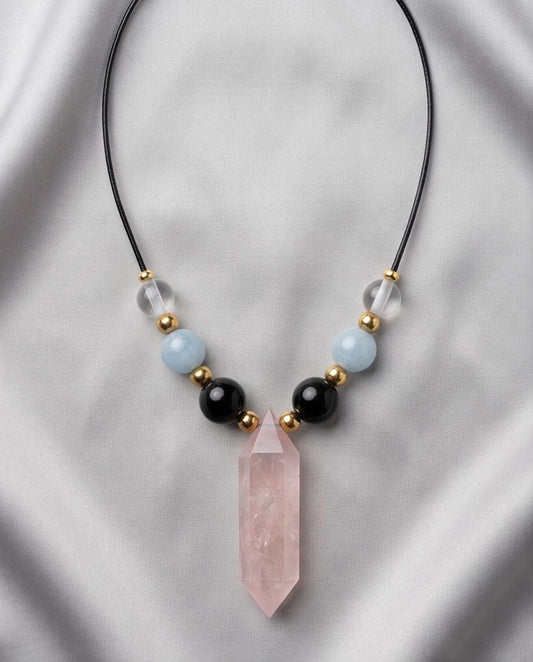 Rose Quartz Point Necklace, Obsidian Aquamarine and Clear Quartz Jewelry, Healing Crystal Pendant, Boho Gemstone Choker, Chunky Stone Gift