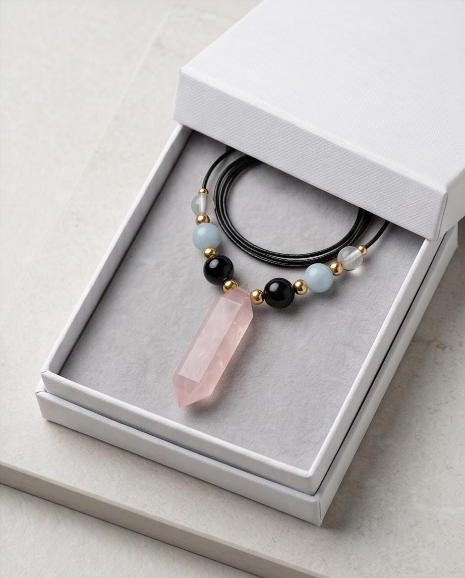 Rose Quartz Point Necklace, Obsidian Aquamarine and Clear Quartz Jewelry, Healing Crystal Pendant, Boho Gemstone Choker, Chunky Stone Gift