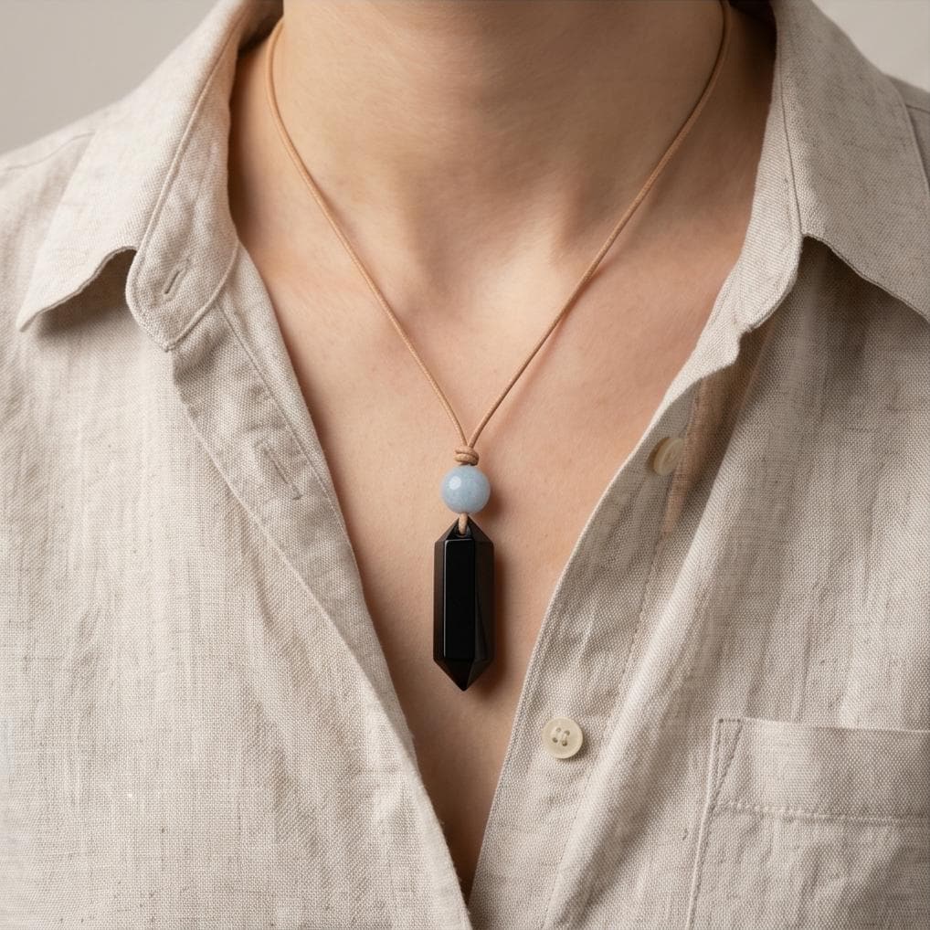Black Obsidian Point Necklace, Aquamarine Bead Pendant, Adjustable Leather Cord, Crystal Healing Jewelry, Natural Chunky Stone Boho Choker