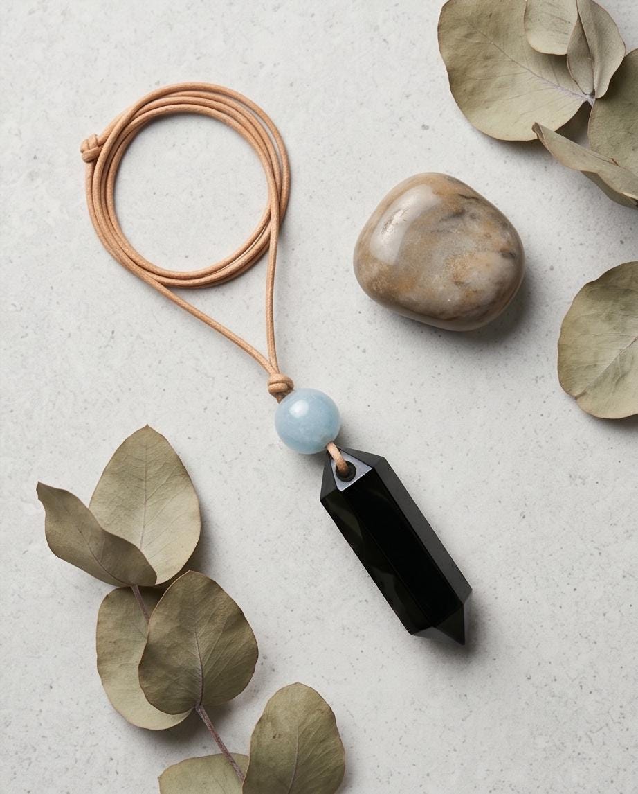Black Obsidian Point Necklace, Aquamarine Bead Pendant, Adjustable Leather Cord, Crystal Healing Jewelry, Natural Chunky Stone Boho Choker