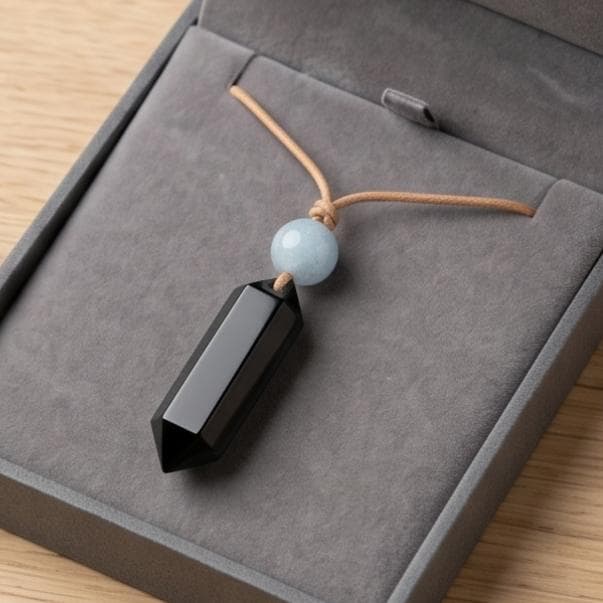 Black Obsidian Point Necklace, Aquamarine Bead Pendant, Adjustable Leather Cord, Crystal Healing Jewelry, Natural Chunky Stone Boho Choker