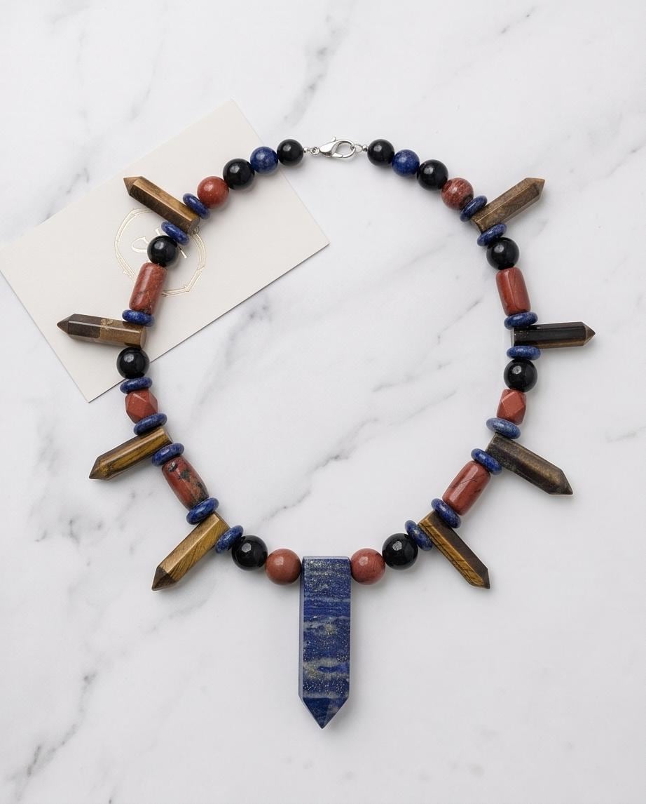 Lapis Lazuli Necklace, Tiger Eye Red Jasper Obsidian Statement Jewelry, Multi Chunky Gemstone Pendant, Bohemian Healing Stone Choker Gift