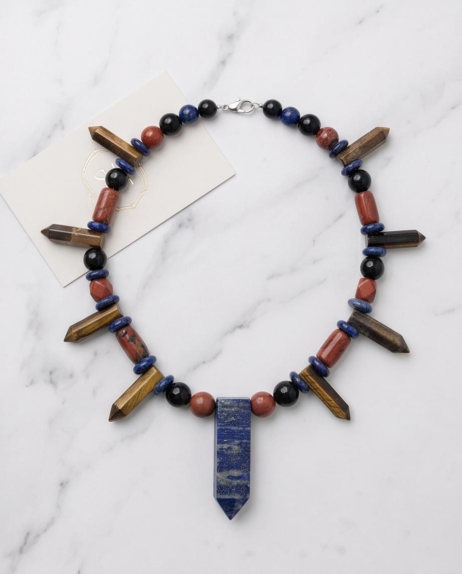 Lapis Lazuli Necklace, Tiger Eye Red Jasper Obsidian Statement Jewelry, Multi Gemstone Crystal Pendant, Bohemian Healing Stone Choker Gift