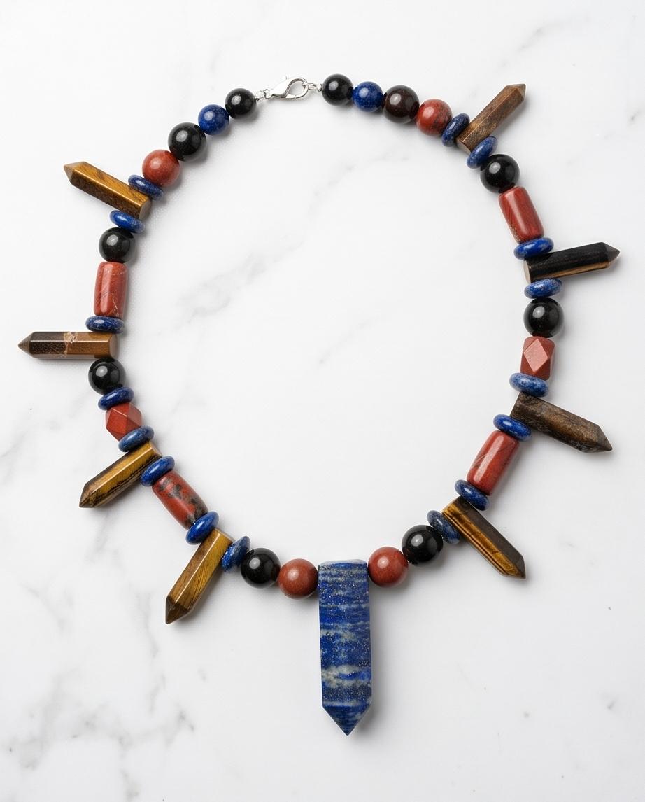 Lapis Lazuli Necklace, Tiger Eye Red Jasper Obsidian Statement Jewelry, Multi Gemstone Crystal Pendant, Bohemian Healing Stone Choker Gift